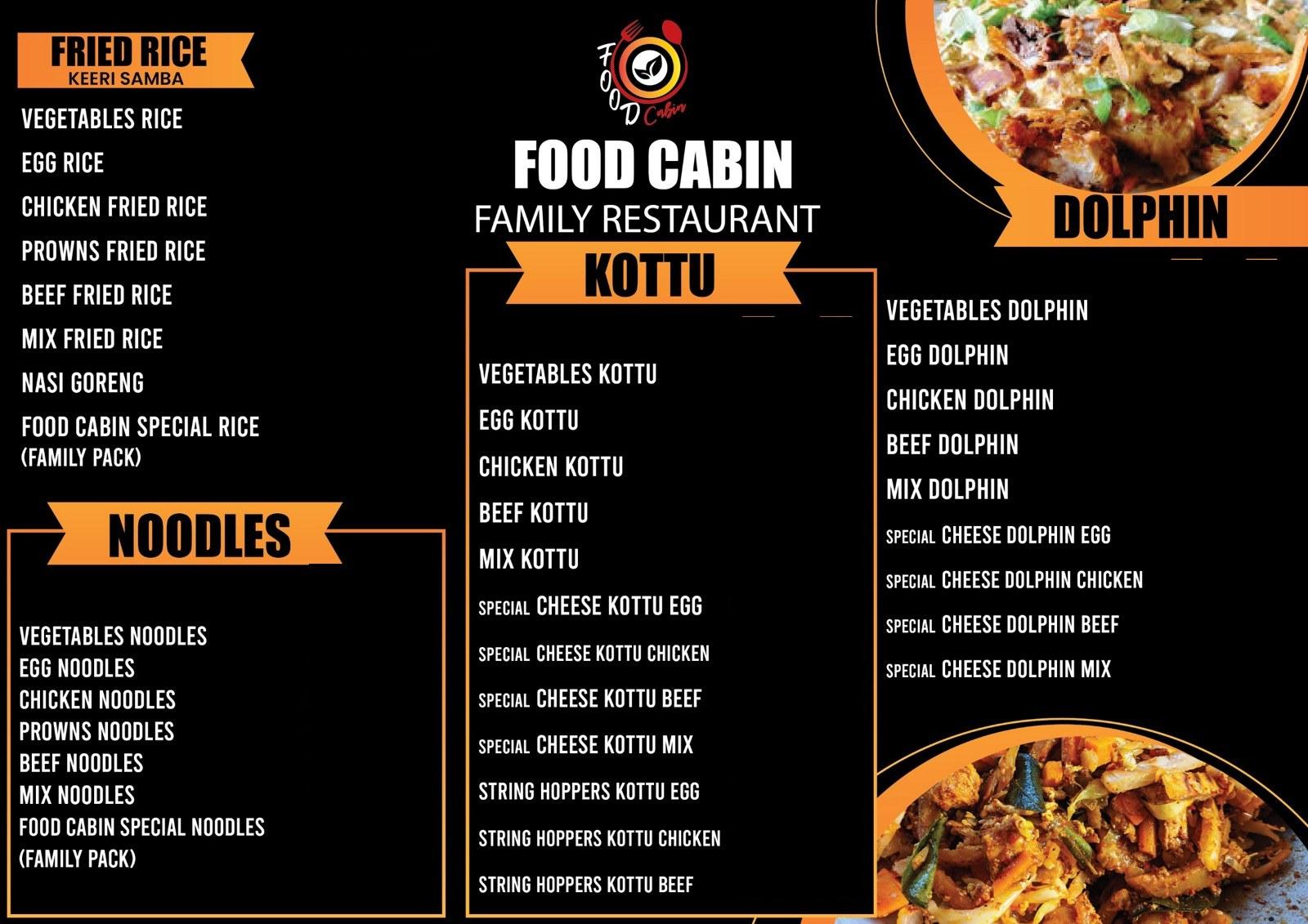 Food Cabin Galle menu board: keeri samba fried rice, noodles, kottu, cheese kottu, string hoppers kottu and dolphin — vegetable, egg, chicken, prawns, beef and mix.