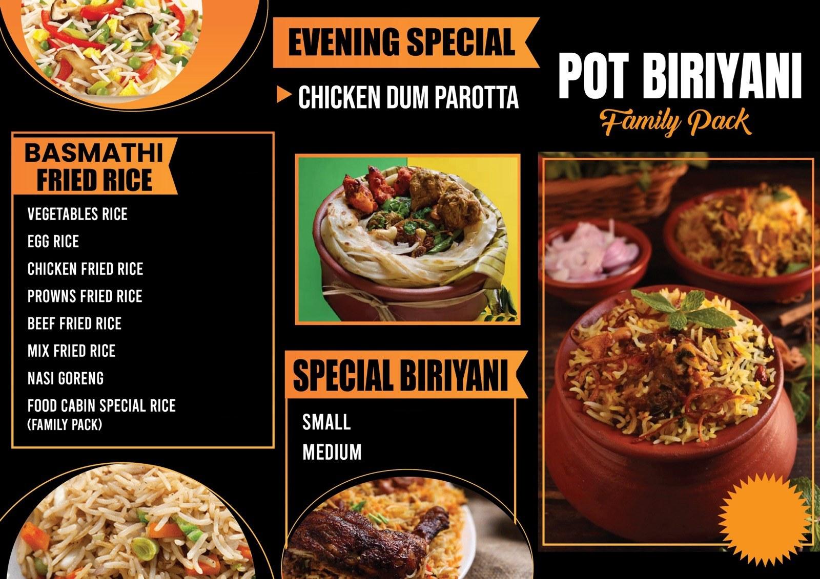 Food Cabin Galle menu board: basmathi fried rice, nasi goreng, chicken dum parotta evening special, special biriyani and the pot biriyani family pack.