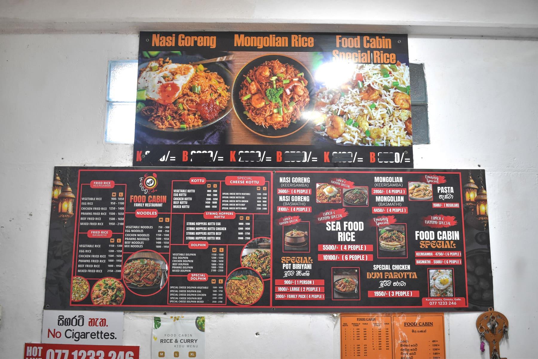 The Menu Board — Kottu, biryani, fried rice, parotta — all of it up on the wall at Food Cabin Galle